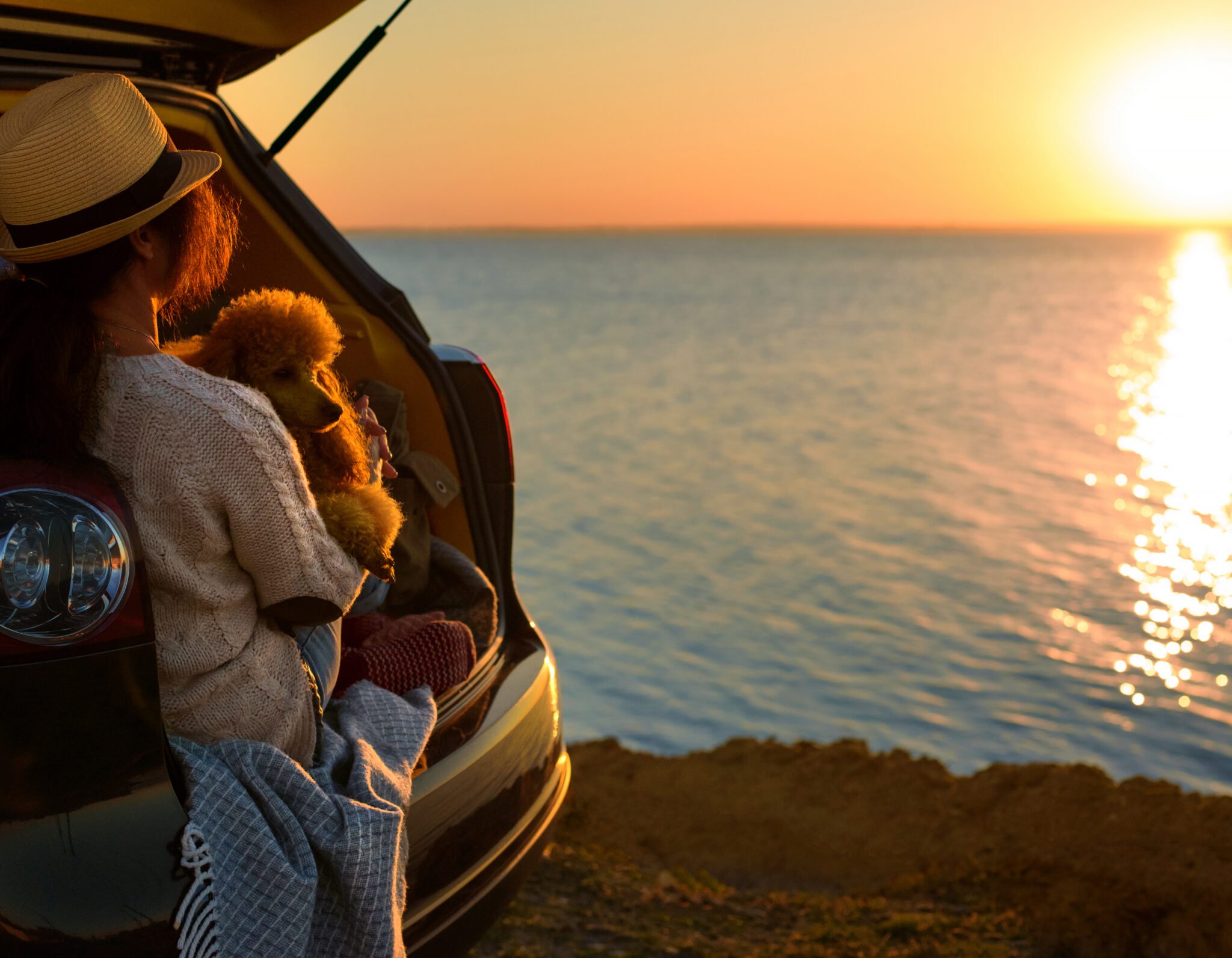 A person wearing a hat sits in the open trunk of a car by the water at sunset, wrapped in a blanket and holding a fluffy dog.