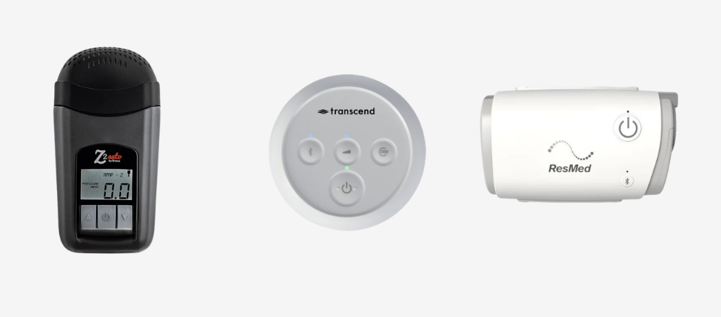 Lightweight travel CPAP machines for sleep apnea, featuring Breas Z2 Auto, Transcend Micro, and ResMed AirMini portable CPAP devices.