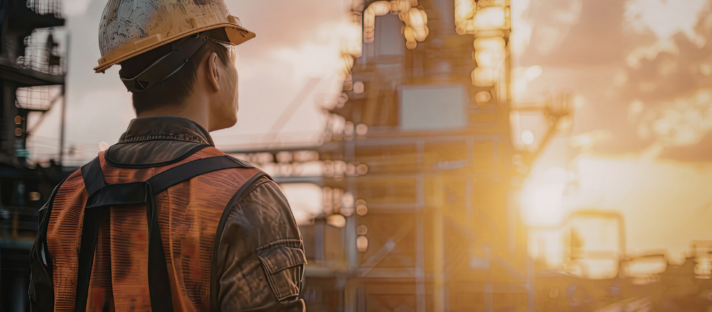 Shift worker wearing safety gear at an industrial site, illustrating fatigue and sleep challenges on rotating schedules