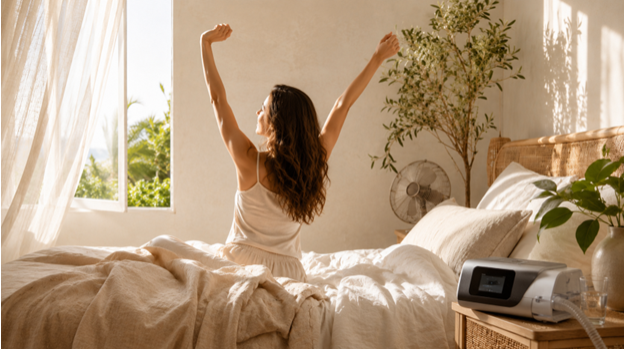 Person stretching in a bright, cool bedroom on a summer morning, illustrating how to sleep better in summer and improve sleep quality during hot nights and warm weather